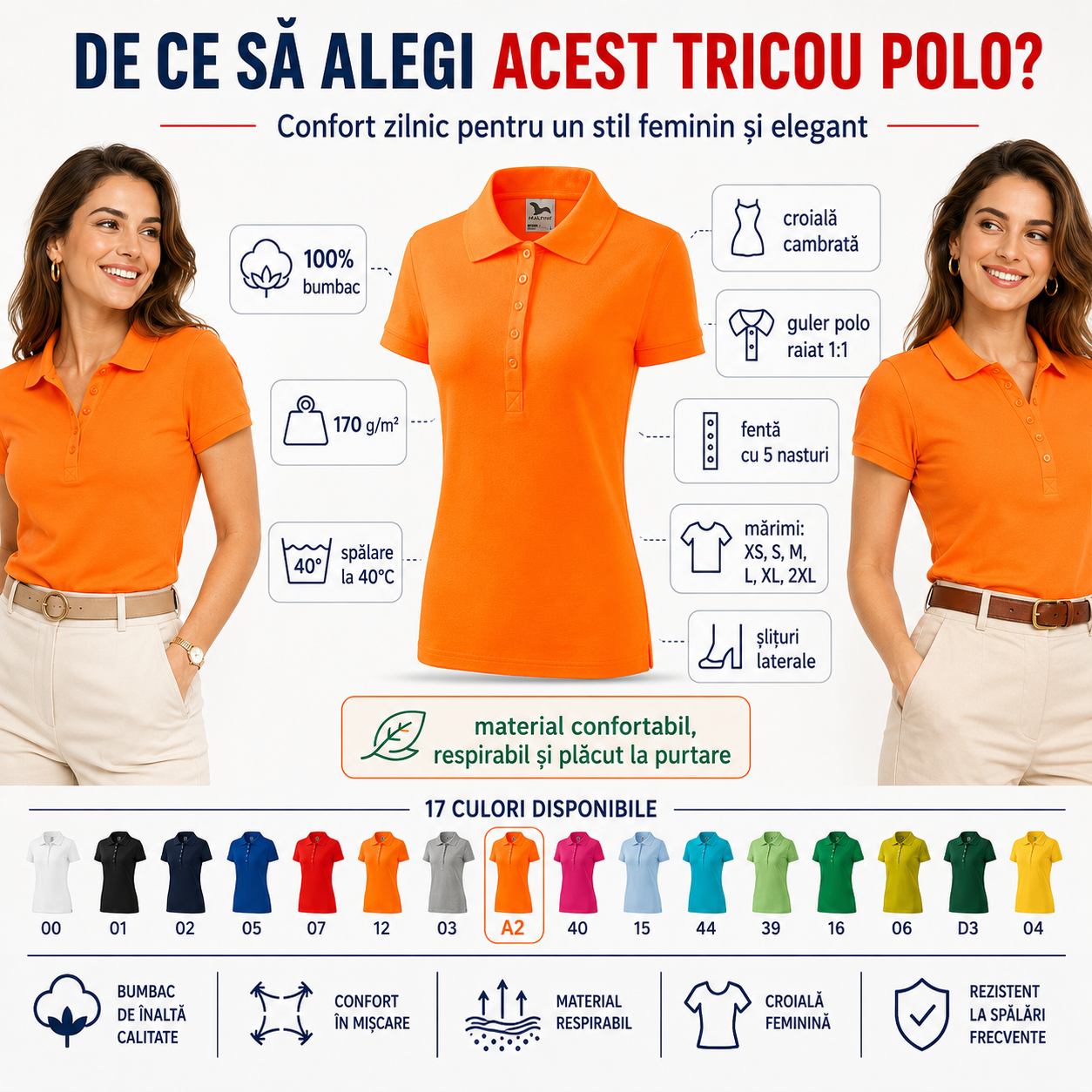 Tricou Polo Damă Malfini Cotton 100% bumbac, croială cambrată, guler polo raiat și 17 culori disponibile